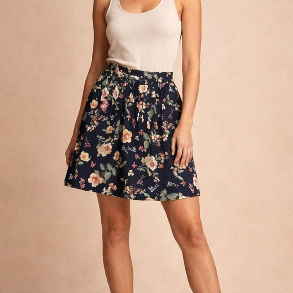 Downeast Navy Floral Skirt Cottagecore Flowy Elastic Waist Feminine Spring M